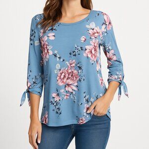 Vanilla Bay S Blue Floral Criss Cross Back 3/4 Sleeve Stretch Top Blouse Shirt